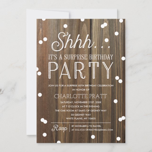 Shh Surprise Birthday Party Rustic Wood Thank You Card (Front)