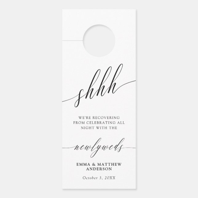 Shhh Delicate Calligraphy Do Not Disturb Wedding Door Hanger (Front)