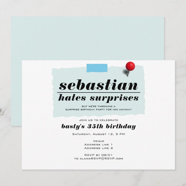 Shhh! Funny Hates Surprises Modern Birthday Party Invitation (Front/Back)