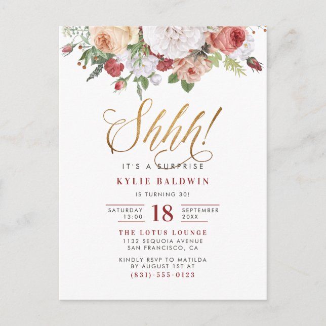 Shhh! Gold Glitter Script Surprise Birthday Party Invitation Postcard (Front)