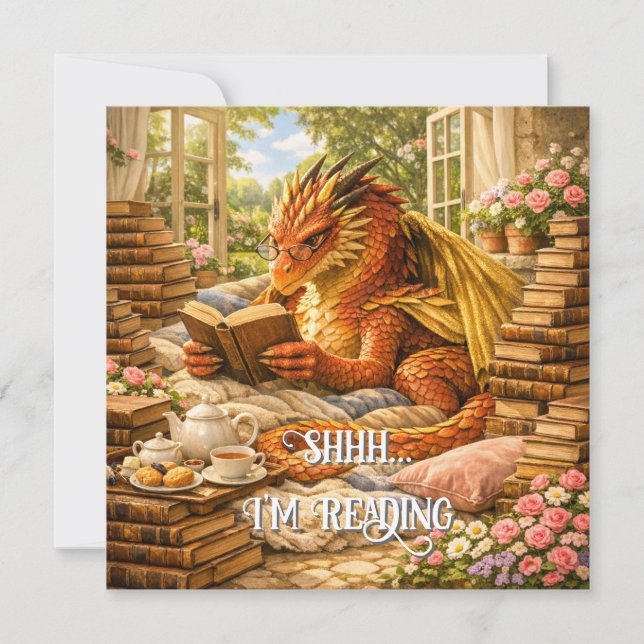Shhh… I’m Reading Cozy Reading Dragon  Card (Front)