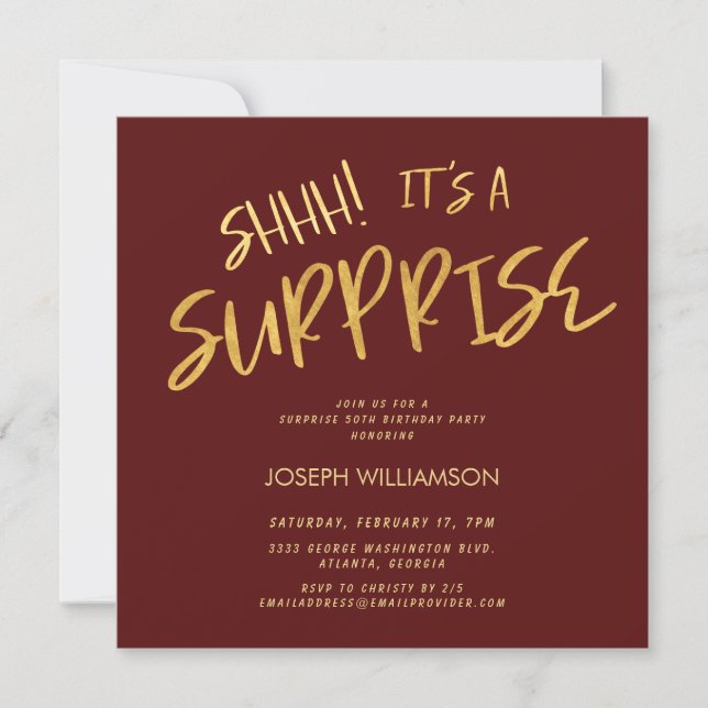 Shhh! It's a Surprise 50th Birthday Gold Burgundy Invitation (Front)