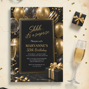 Shhh It's a Surprise Black Gold 50th Birthday Invitation