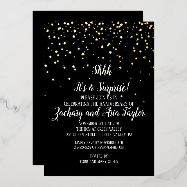 Shhh It's a Surprise Confetti on Black Party Gold  (Front/Back)