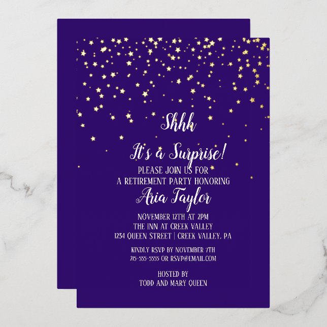 Shhh It's a Surprise Confetti on Purple Party Gold (Front/Back)