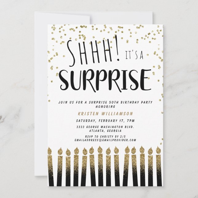 Shhh! It's a Surprise Gold 50th Birthday Candle  Invitation (Front)