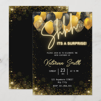 Shhh its a surprise Gold Black Birthday Invitation