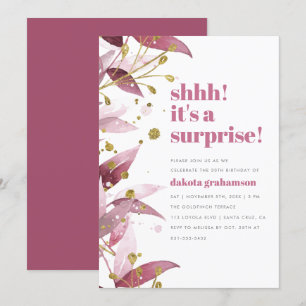 Shhh! It's A Surprise!   Purple Leaves Birthday Invitation