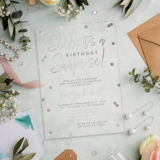 Shhh... Surprise Birthday Silver Foil Confetti Acrylic Invitations (Creator Uploaded)