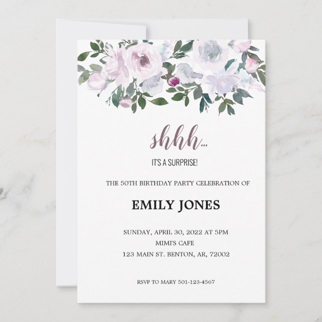 Shhh surprise floral blush pink watercolor bouquet invitation (Front)