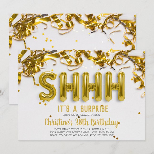Shhh Surprise Party Invitation | Ballons d'or (Devant / Derrière)