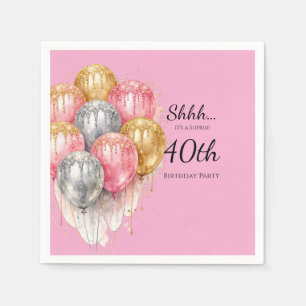 Shhh Surprise Pink Silver and Gold Birthday Party Napkin