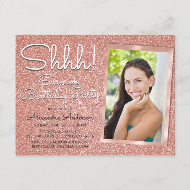 Shhh! Surprise Rose Gold Birthday Party Photo Postcard (Front)
