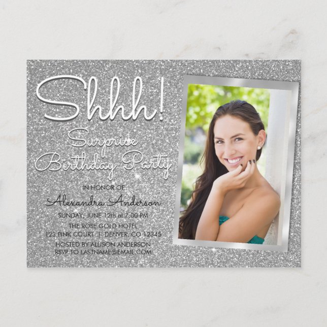 Shhh! Surprise Silver Birthday Party Photo Postcard (Front)