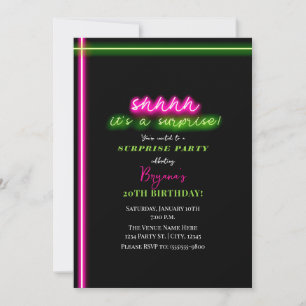 Shhhh It's A Surprise Party Neon Pink Green Light Invitation