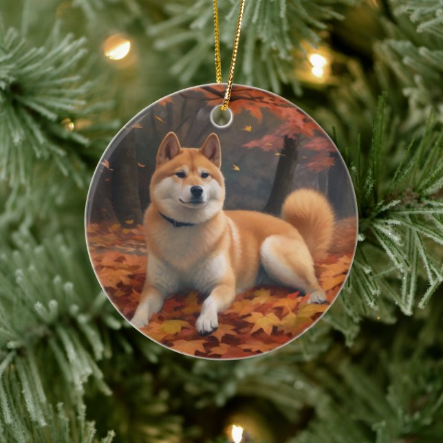 Shib Inu in Autumn Leaves Fall Inspire  Ceramic Ornament (Tree)