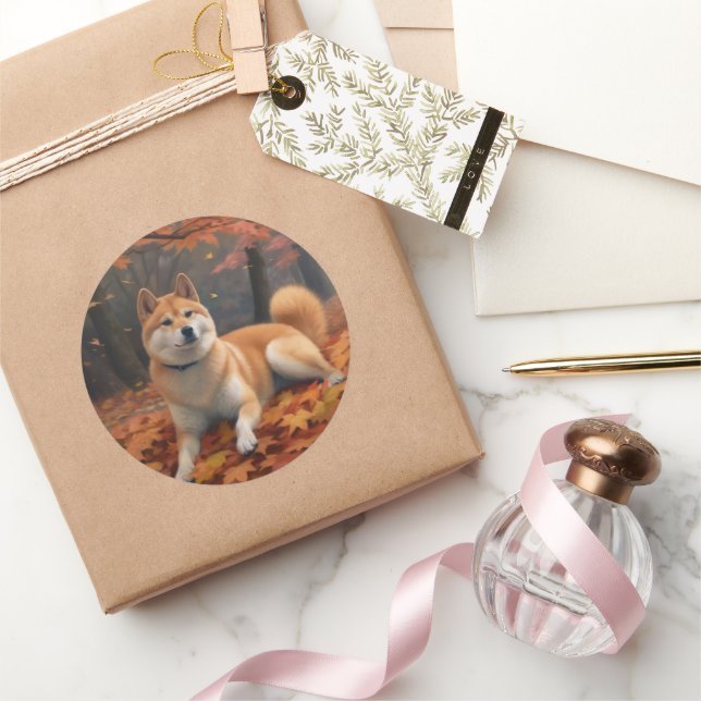 Shib Inu in Autumn Leaves Fall Inspire  Classic Round Sticker (Gifting)