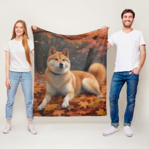 Shib Inu in Autumn Leaves Fall Inspire  Fleece Blanket