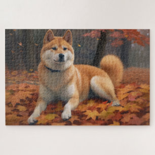 Shib Inu in Autumn Leaves Fall Inspire  Jigsaw Puzzle