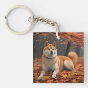 Shib Inu in Autumn Leaves Fall Inspire Keychain