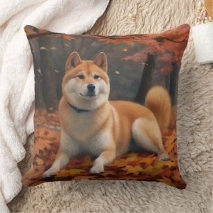 Shib Inu in Autumn Leaves Fall Inspire Throw Pillow