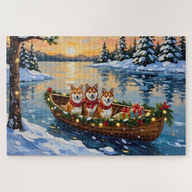 Shiba Inu Christmas Boat Holiday Jigsaw Puzzle (Horizontal)