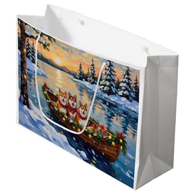Shiba Inu Christmas Boat Holiday Large Gift Bag (Front Angled)