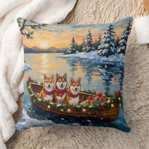 Shiba Inu Christmas Boat Holiday Throw Pillow