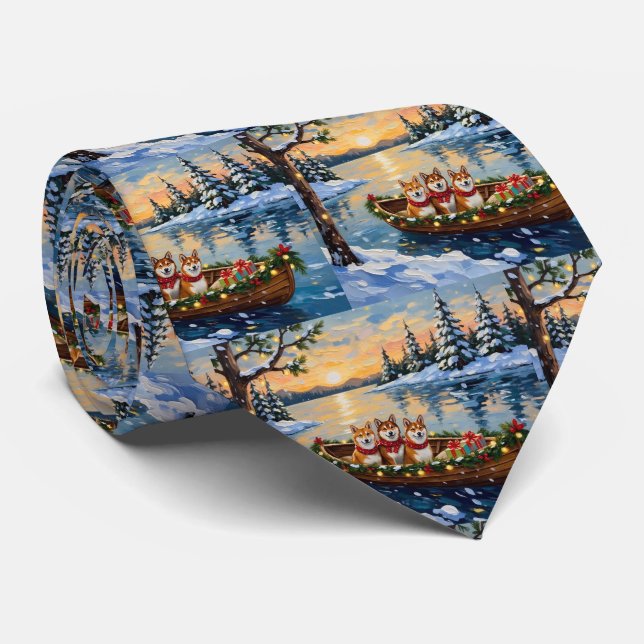 Shiba Inu Christmas Boat Holiday Tie (Rolled)