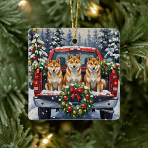 Shiba Inu Christmas Red Truck Holiday Ceramic Ornament