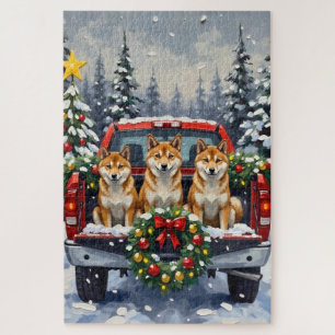 Shiba Inu Christmas Red Truck Holiday Jigsaw Puzzle