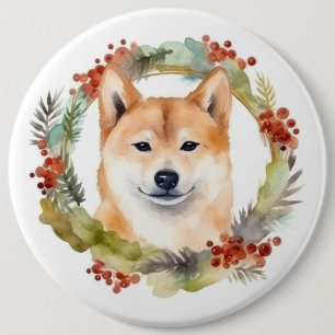 Shiba Inu Christmas Wreath Festive Pup 6 Inch Round Button