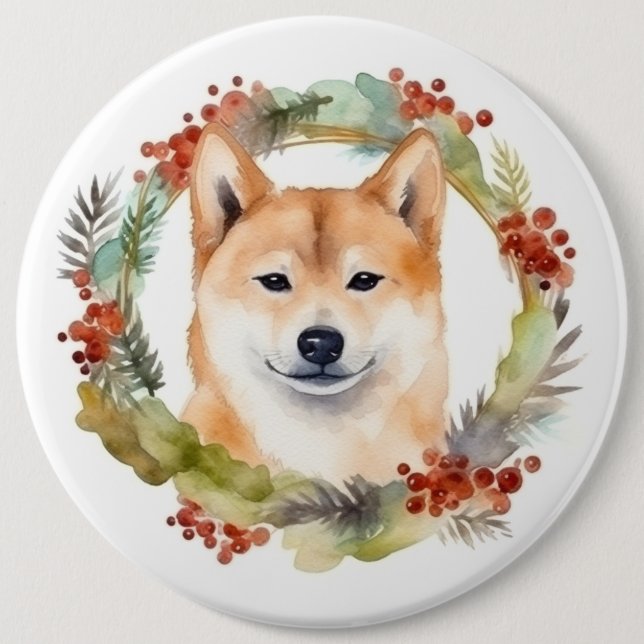 Shiba Inu Christmas Wreath Festive Pup 6 Inch Round Button (Front)