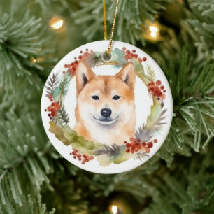 Shiba Inu Christmas Wreath Festive Pup Ceramic Ornament