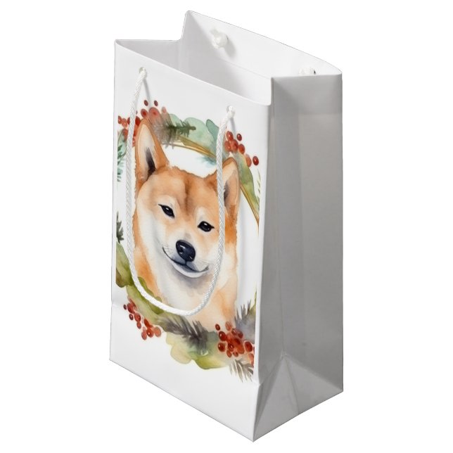 Shiba Inu Christmas Wreath Festive Pup Small Gift Bag (Front Angled)