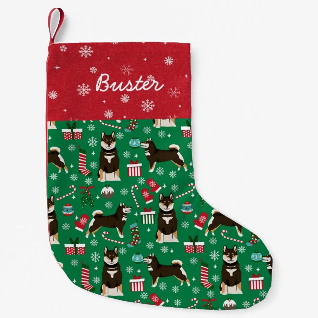 Shiba Inu Custom dog name black and tan Small Christmas Stocking (Front)