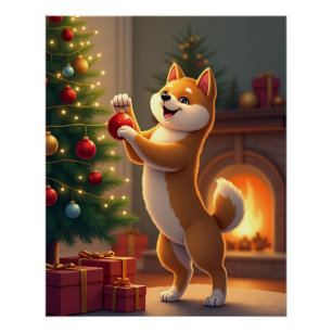 Shiba Inu Decorating the Christmas Tree Painting Poster