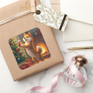 Shiba Inu Decorating the Christmas Tree Painting Square Sticker