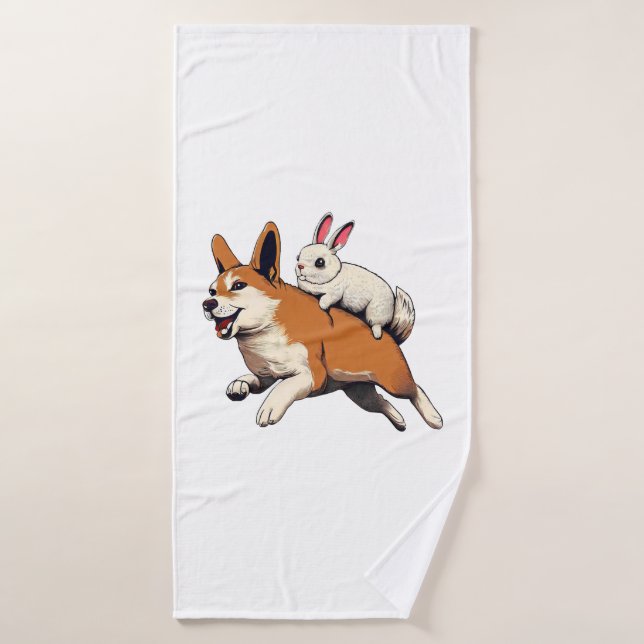 Shiba Inu Dog and Rabbit - Playful Together Design Bath Towel (Bath Towel)