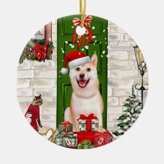Shiba Inu Dog Christmas Ceramic Ornament (Front)