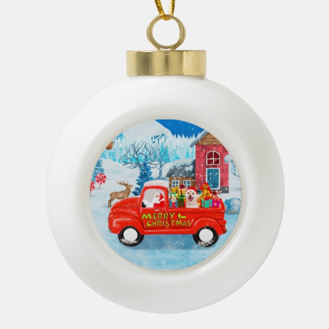 Shiba Inu Dog Christmas Delivery Truck Snow Ceramic Ball Christmas Ornament (Front)