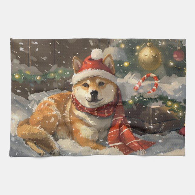 Shiba Inu Dog Christmas Festive Kitchen Towel (Horizontal)