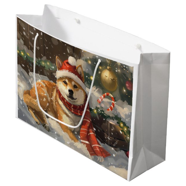 Shiba Inu Dog Christmas Festive Large Gift Bag (Front Angled)