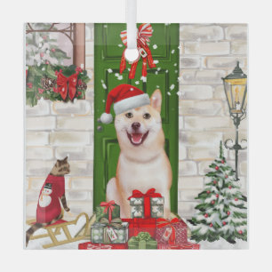 Shiba Inu Dog Christmas  Glass Ornament