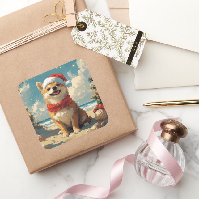 Shiba Inu Dog Christmas Vintage Beach Square Sticker (Gifting)