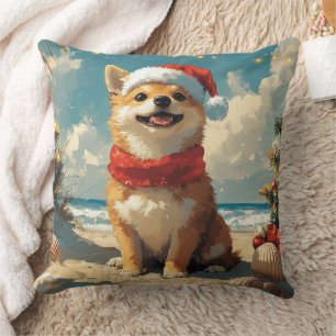 Shiba Inu Dog Christmas Vintage Beach Throw Pillow