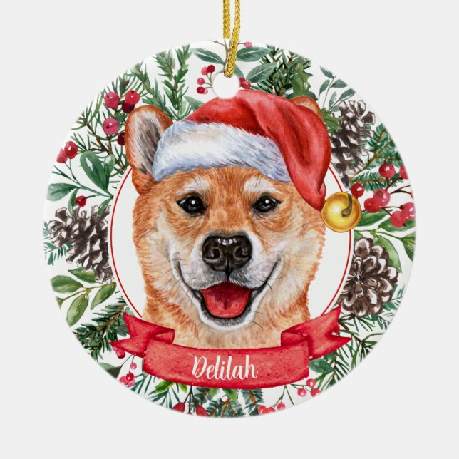 Shiba Inu Dog Custom Santa Hat Christmas Ornament (Front)