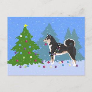 Shiba Inu Dog Decorating Christmas Tree Holiday Postcard