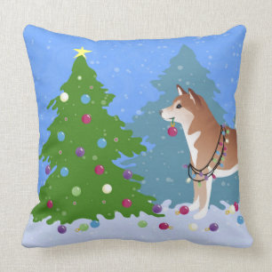 Shiba Inu Dog Decorating Christmas Tree Throw Pillow
