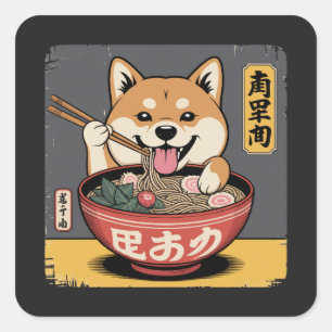 Shiba Inu Dog Eating Ramen  Square Sticker